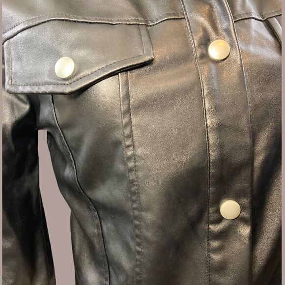 Black Faux Leather Cropped Button Down Lightweight Jacket - Picture 6 of 13